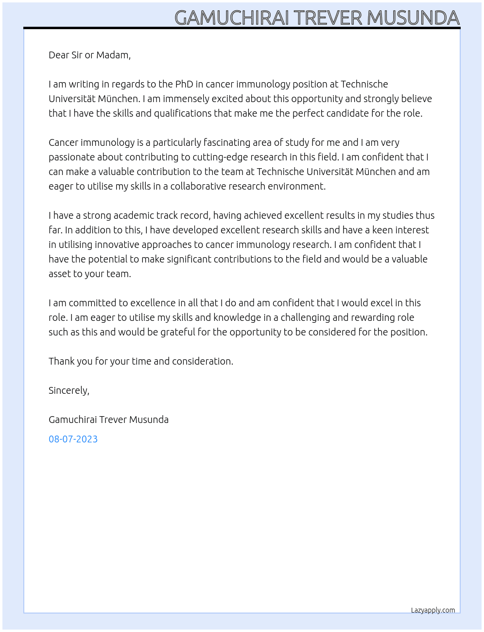 PhD in cancer immunology At Technische Universität München Cover Letter