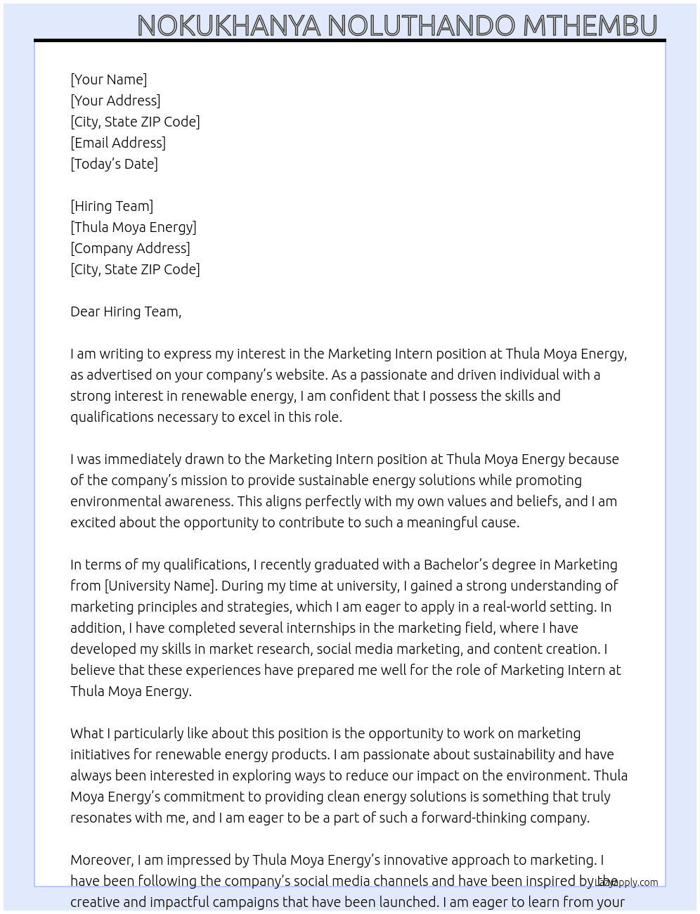 Marketing Intern  At Thula Moya Energy Cover Letter