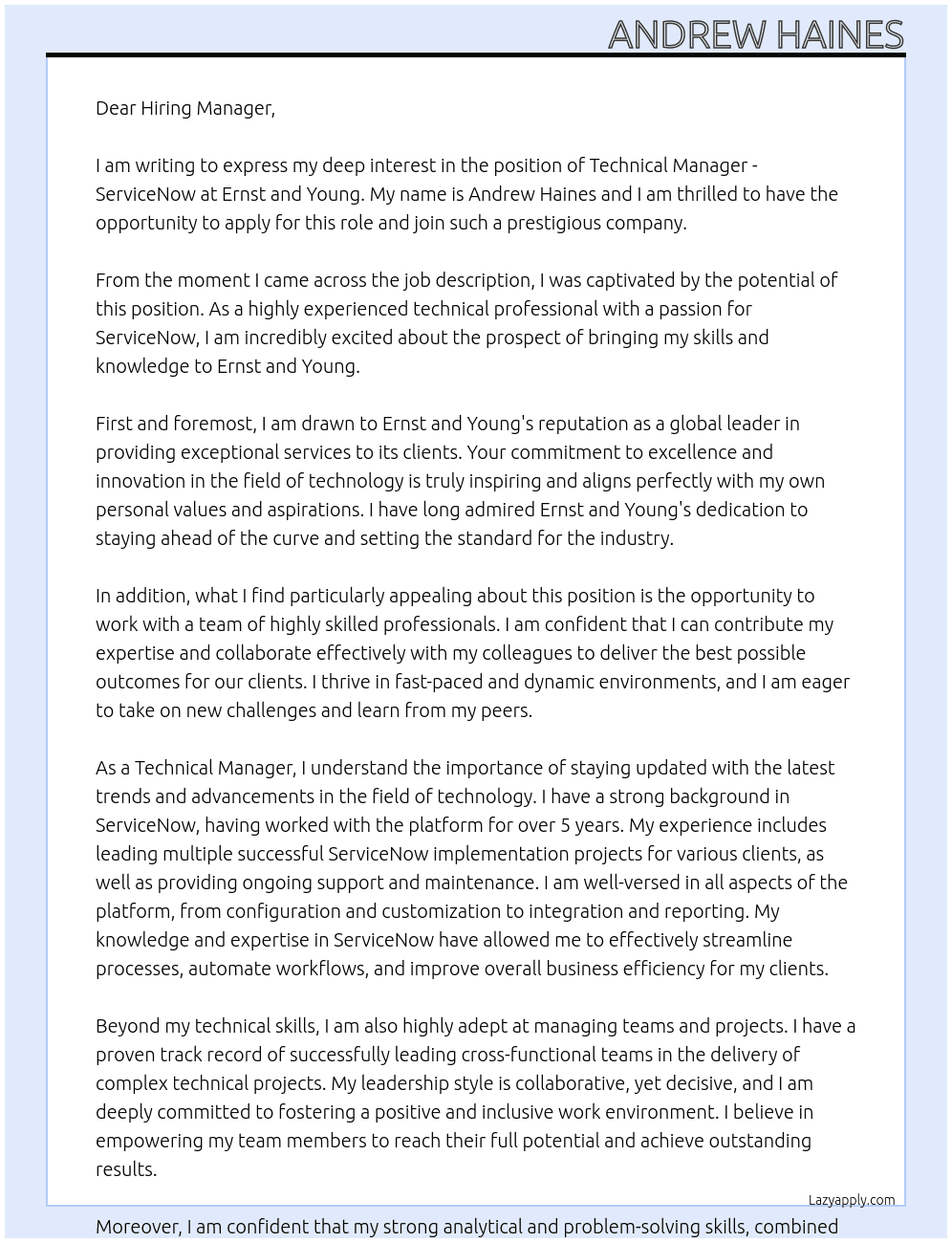 Technical Manager - ServiceNow At Ernst and Young Cover Letter