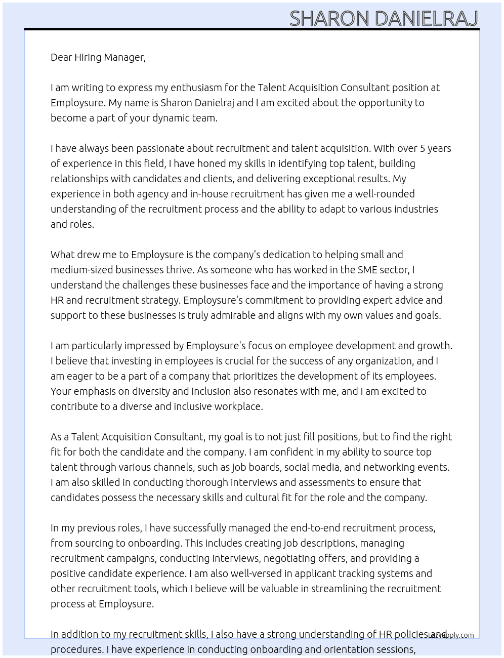 Talent Acquisition Consultant At Employsure Cover Letter