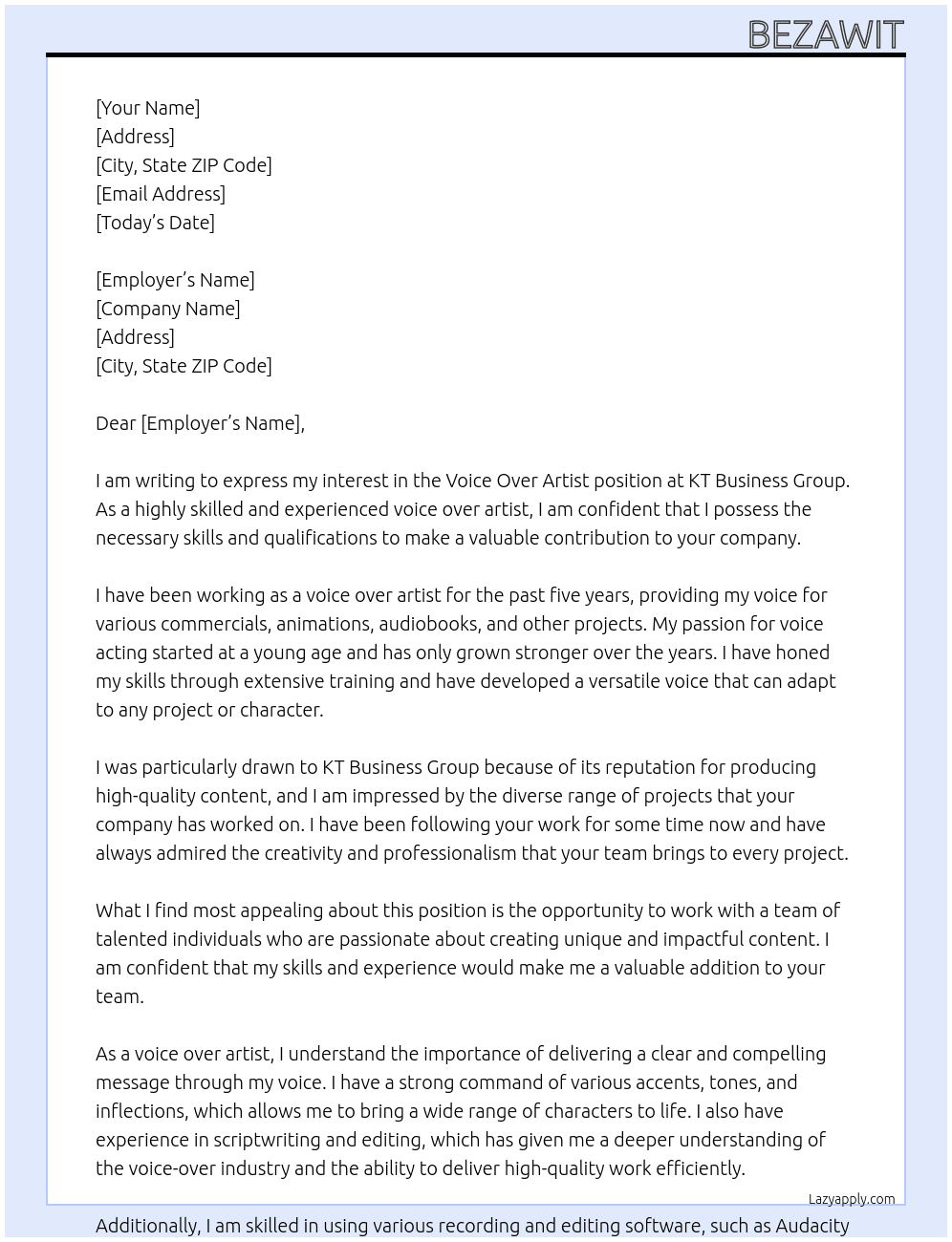 Voice Over Artist  At KT business group  Cover Letter