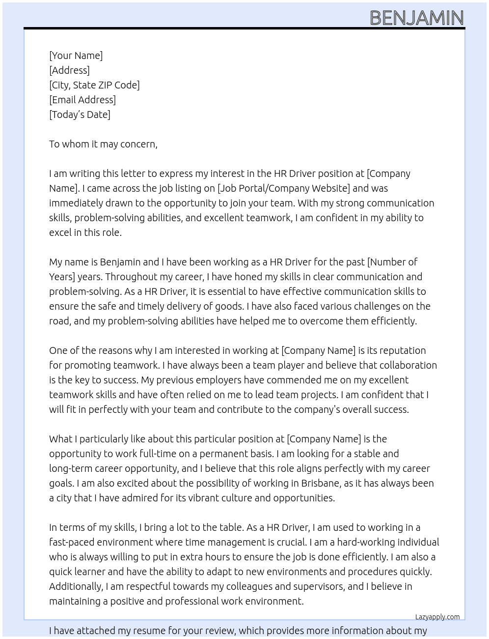 HR Driver At Driver Cover Letter