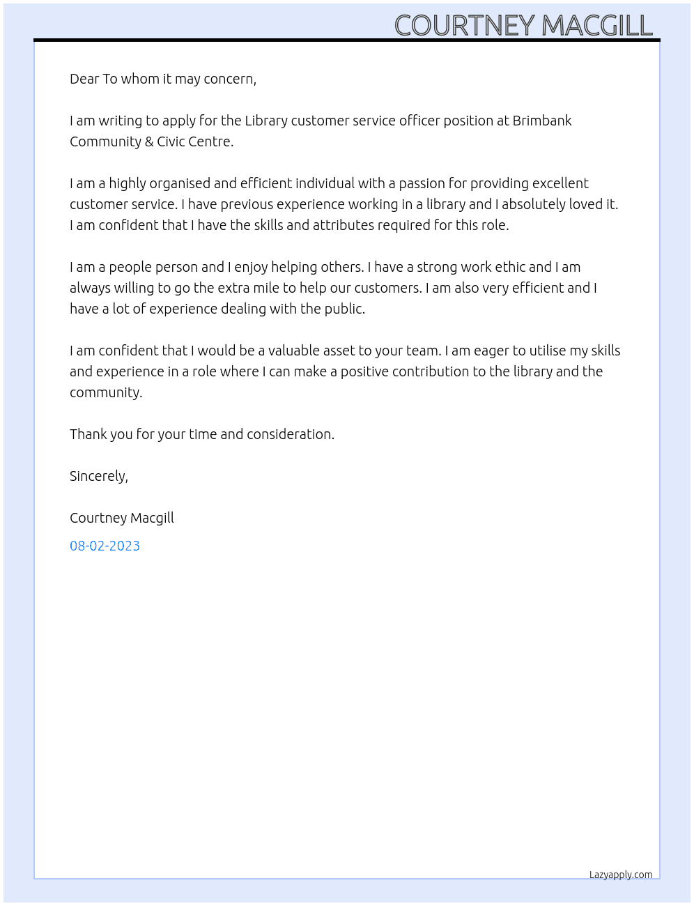 Library customer service officer  At Brimbank Community & Civic Centre Cover Letter