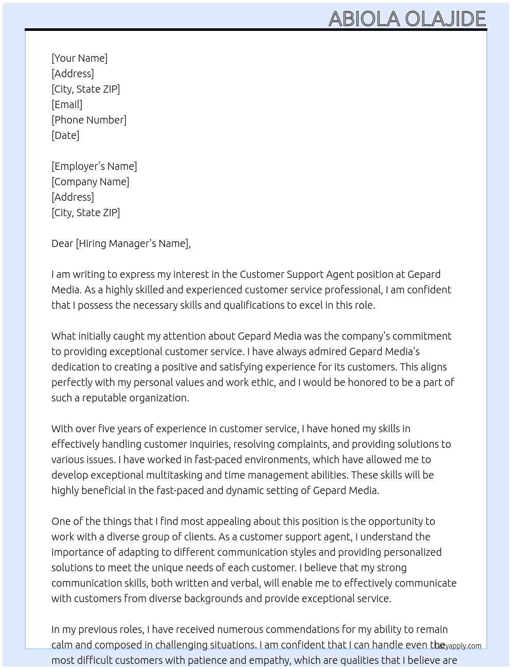 Customer Support Agent  At Gepard Media Cover Letter