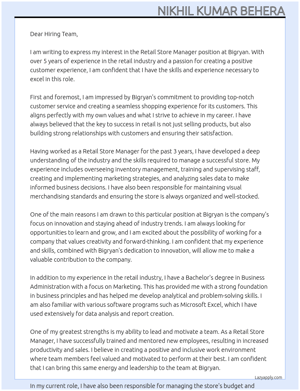 Retail Store manager  At Bigryan Cover Letter