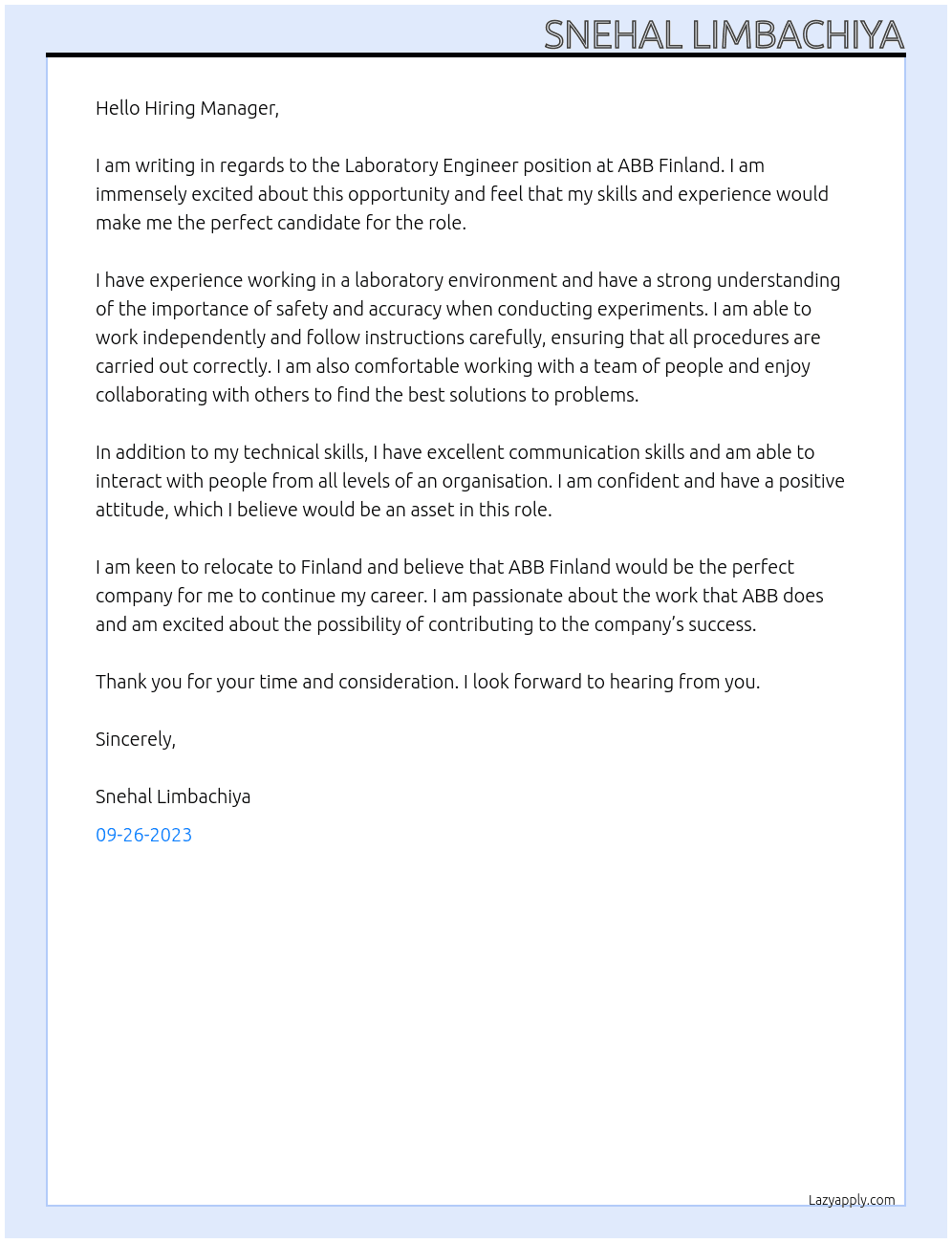 Laboratory engineer At ABB finland Cover Letter