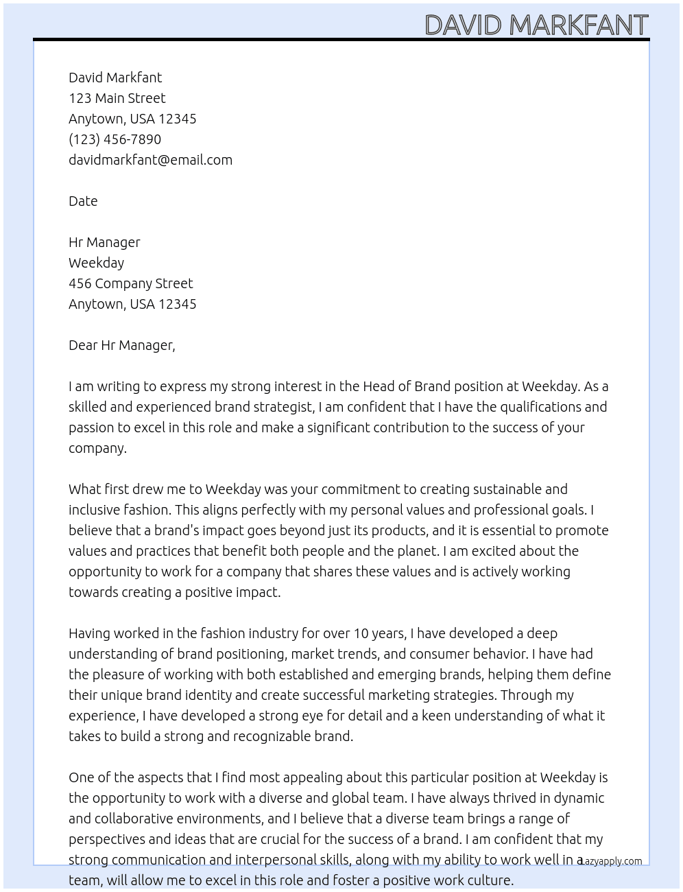 Head of brand At Weekday Cover Letter