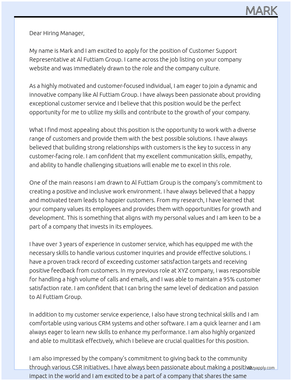 Customer Support Representative  At Al Futtiam Group  Cover Letter