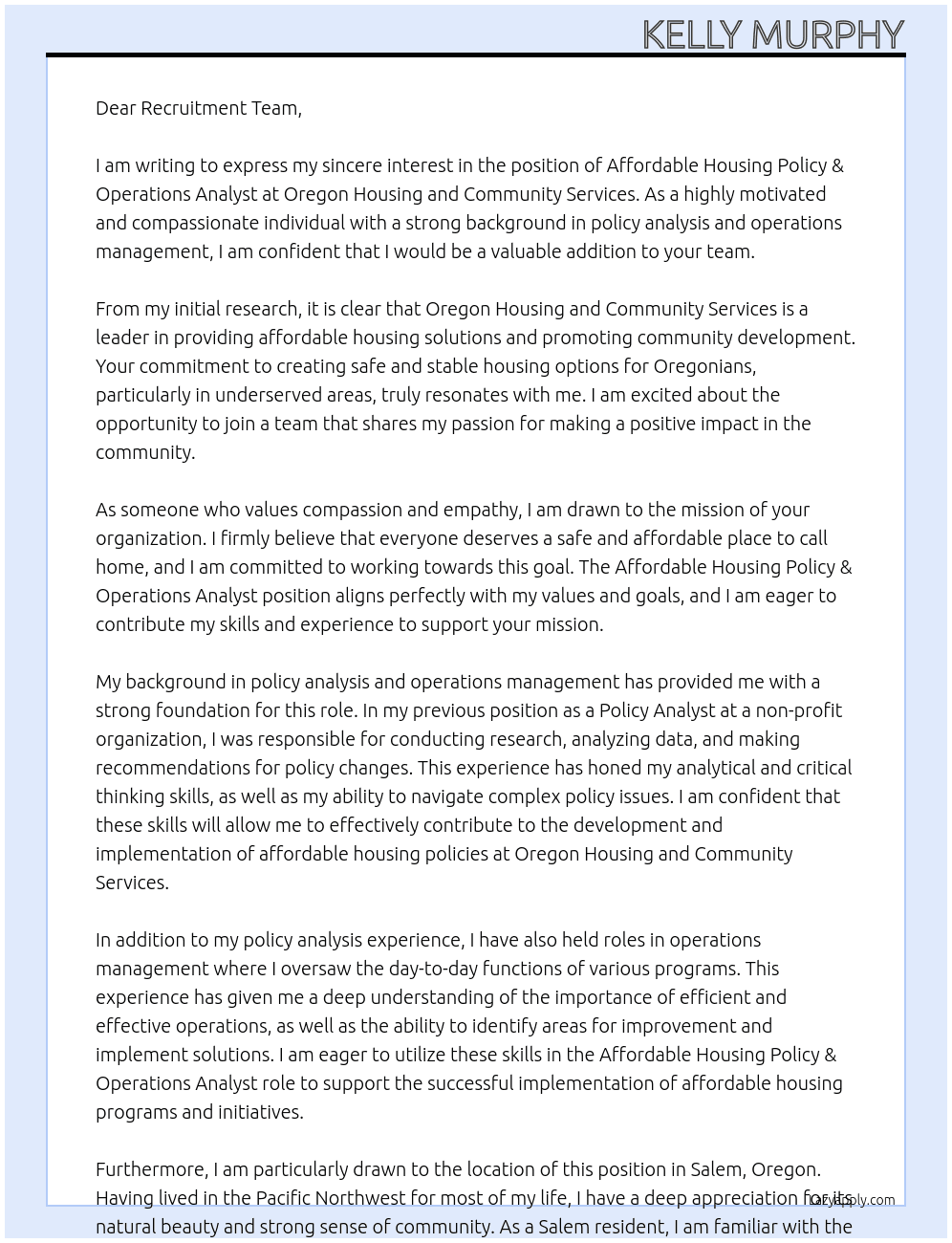 Affordable Housing Policy & Operations Analyst At Oregon Housing and Community Services Cover Letter