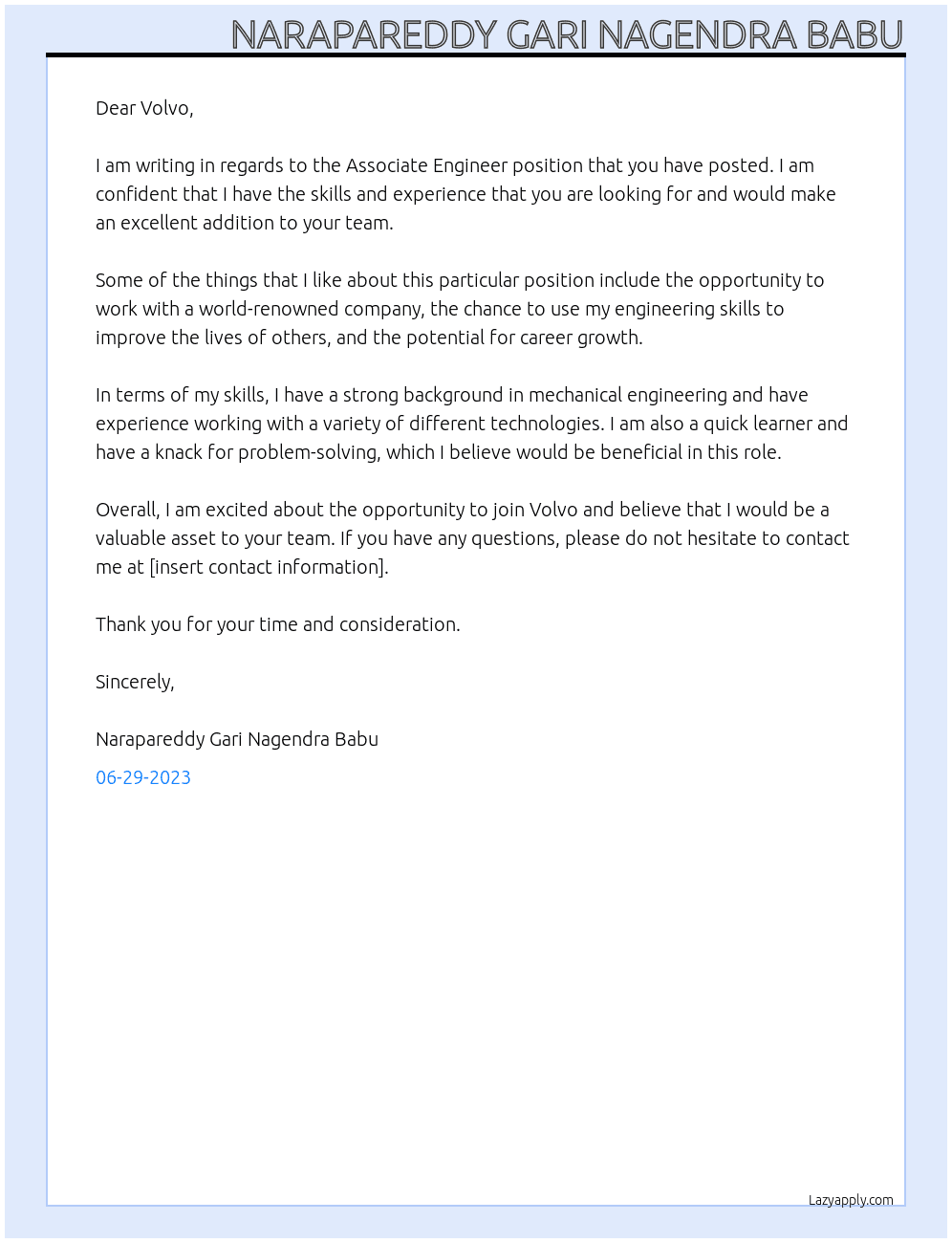 Associate Engineer At Volvo Cover Letter
