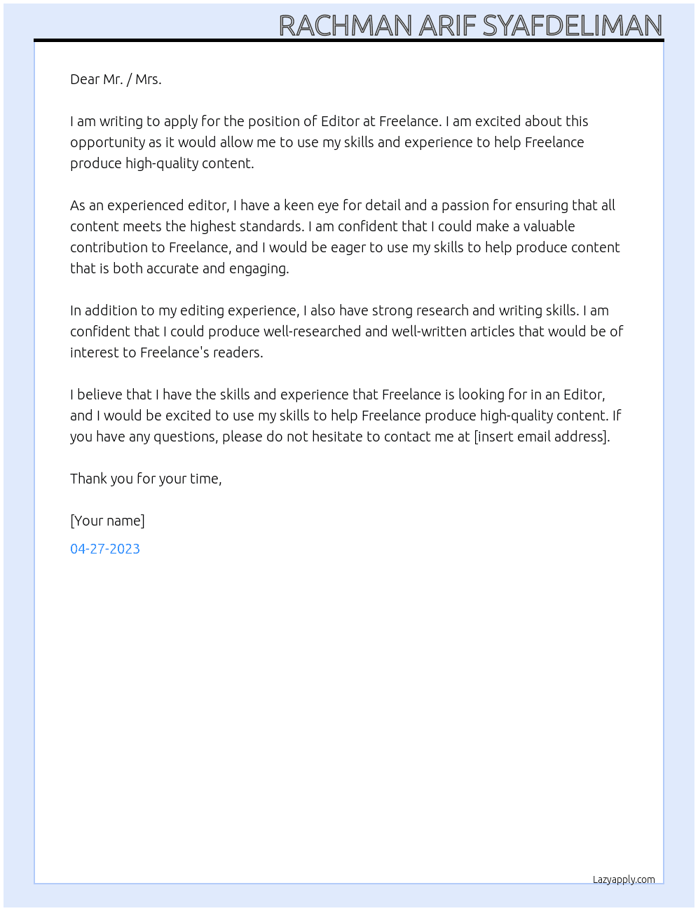 Editor At Freelance Cover Letter