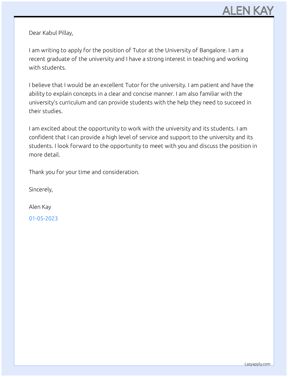 Tutor  At University of Bangalore Cover Letter