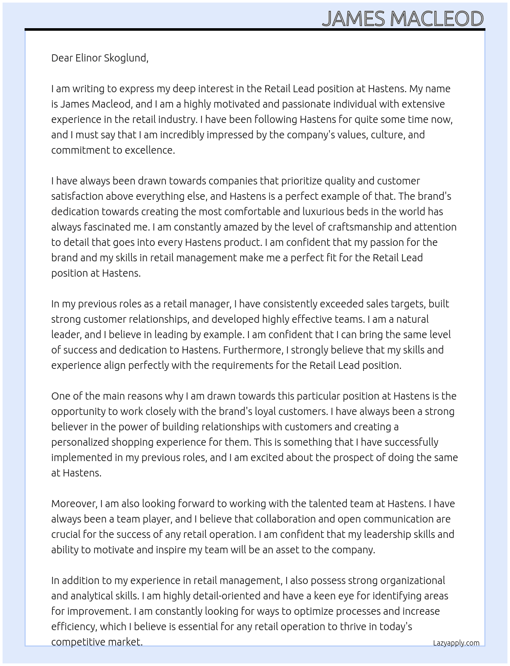 Retail lead  At Hastens Cover Letter