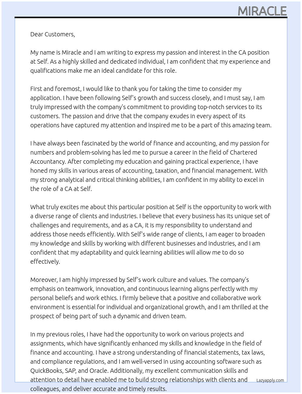 CA At self Cover Letter