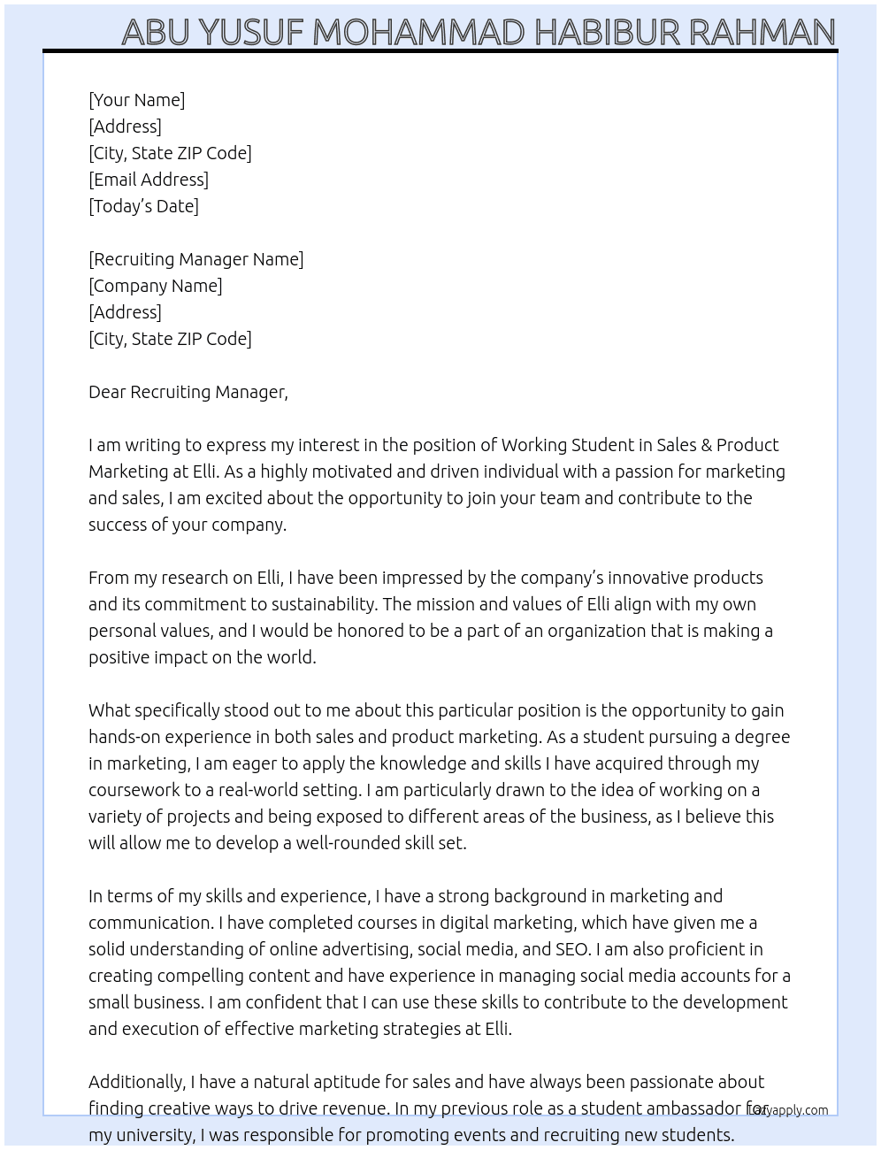 Working Student in Sales & Product Marketing  At Elli Cover Letter
