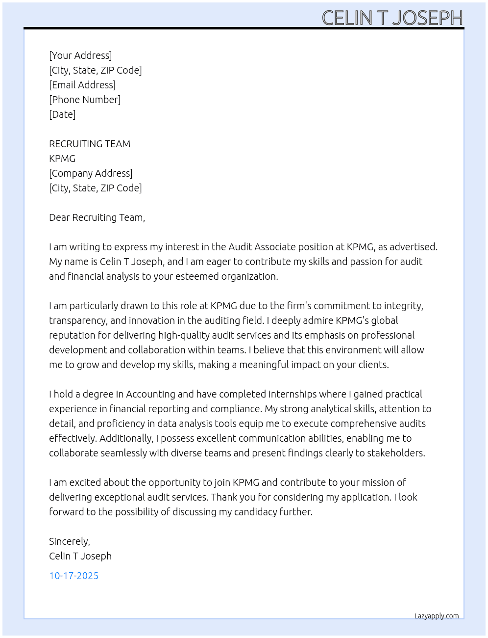 Cover letter for audit associate - LazyApply