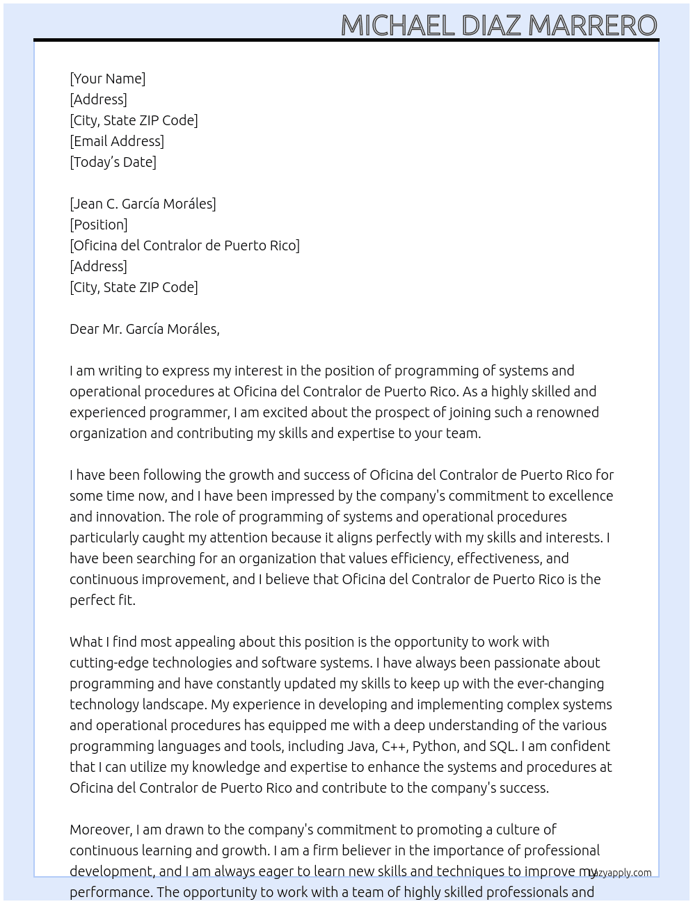 programming of systems and operational procedures At Oficina del Contralor de Puerto Rico Cover Letter