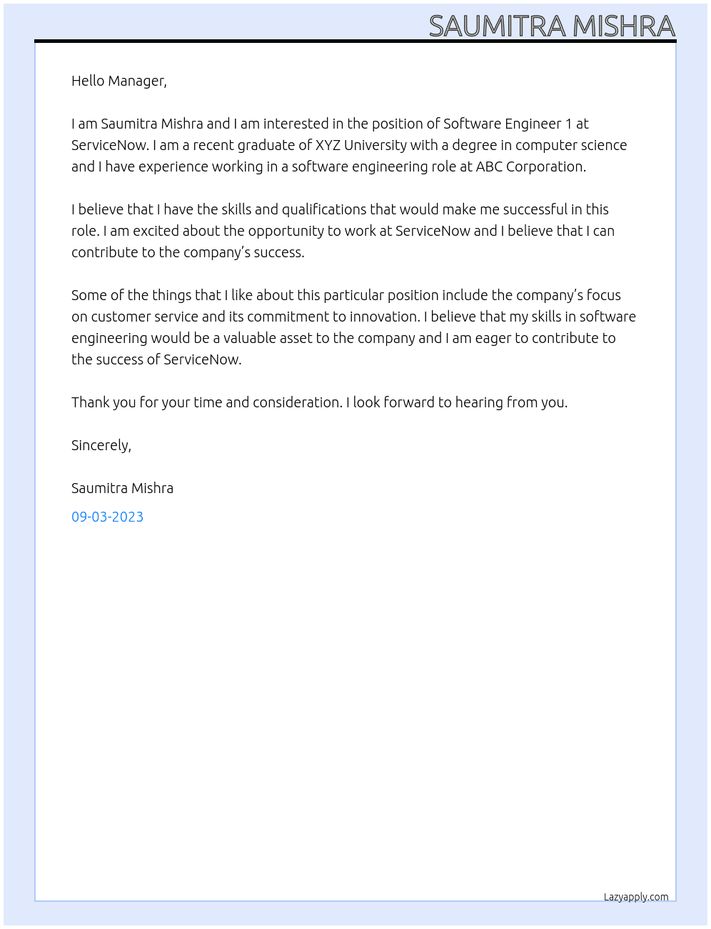 Software Engineer 1 At ServiceNow Cover Letter