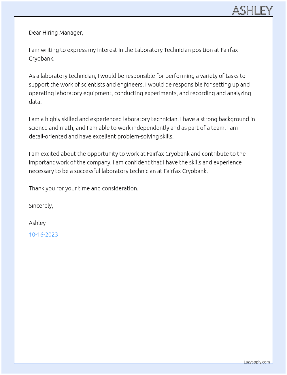 Laboratory Technician At Fairfax Cryobank Cover Letter