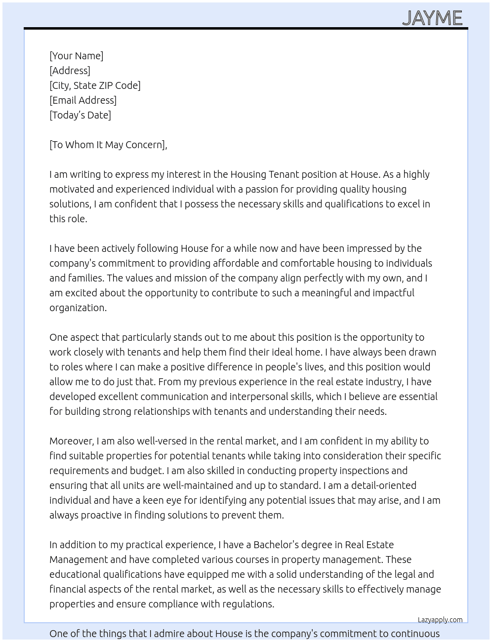 Housing Tenant  At House  Cover Letter