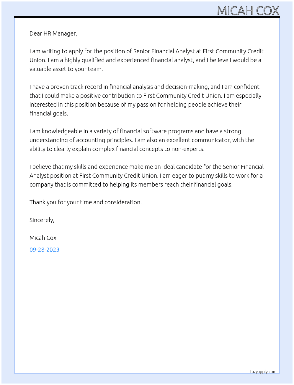 Senior Financial Analyst At First Community Credit Union Cover Letter