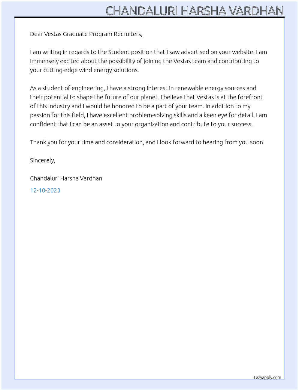 Student At Vestas Graduate Program Cover Letter