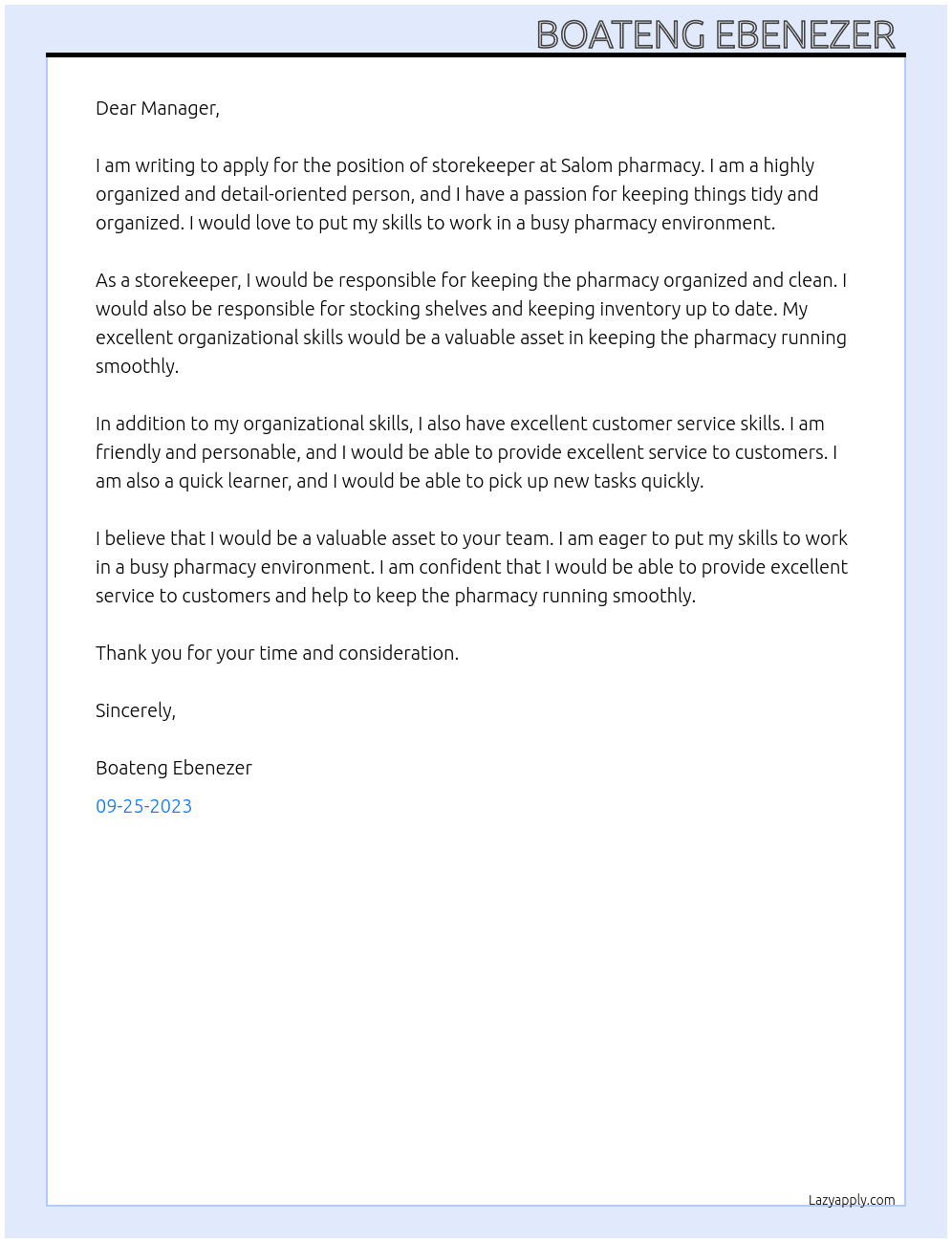 Storekeeper  At Salom pharmacy  Cover Letter