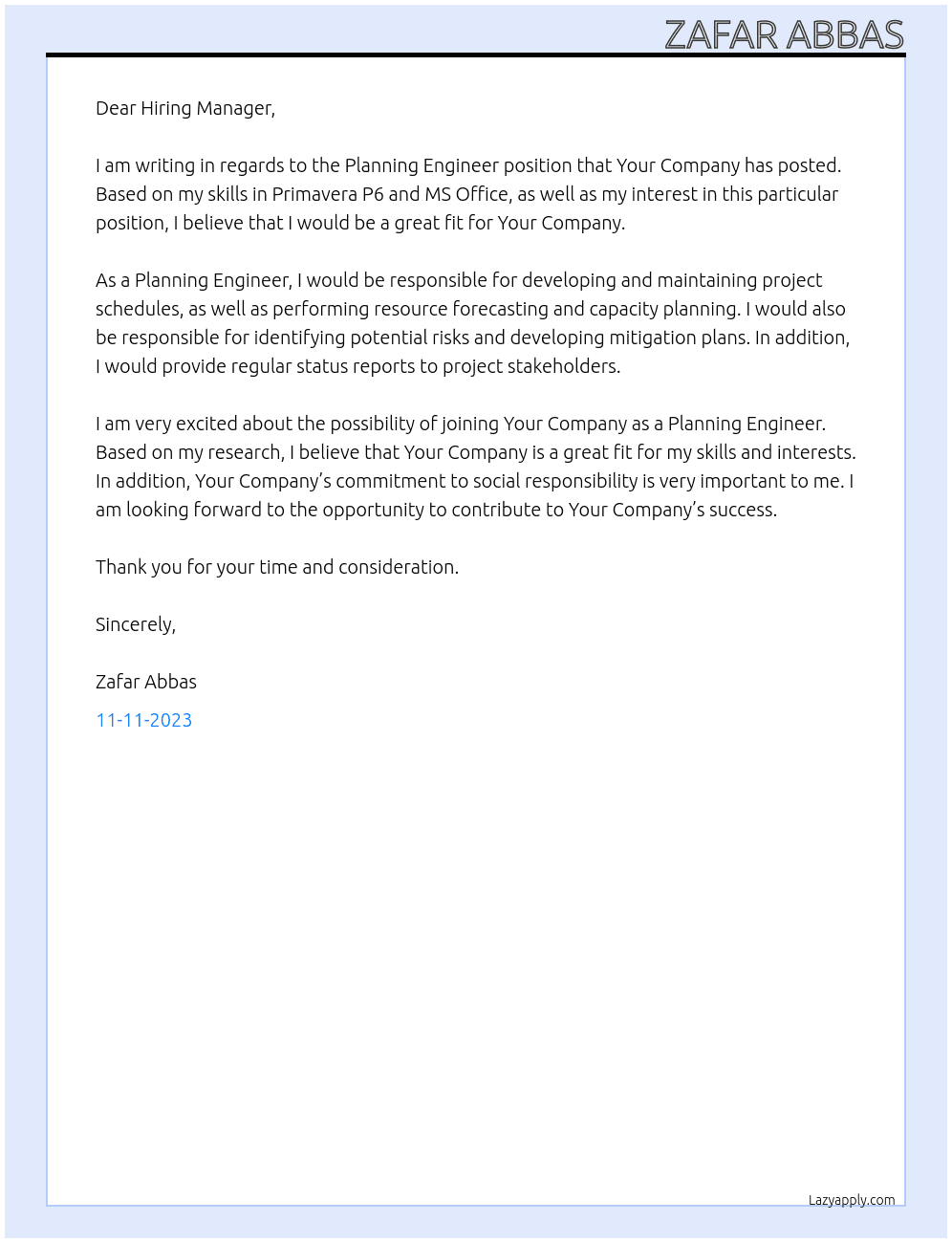 Planning Engineer At Your Company Cover Letter