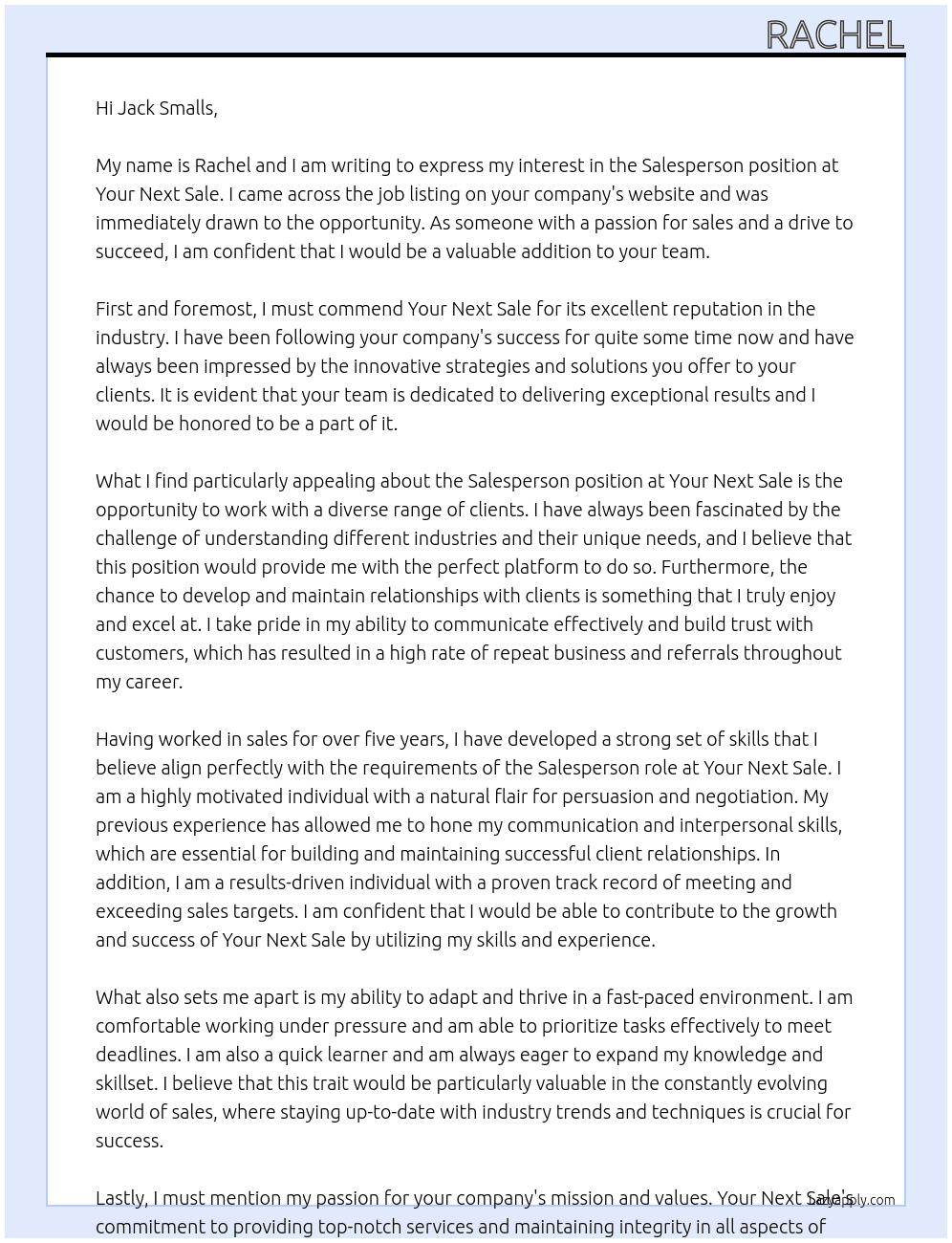 Salesperson At Your Next Sale Cover Letter