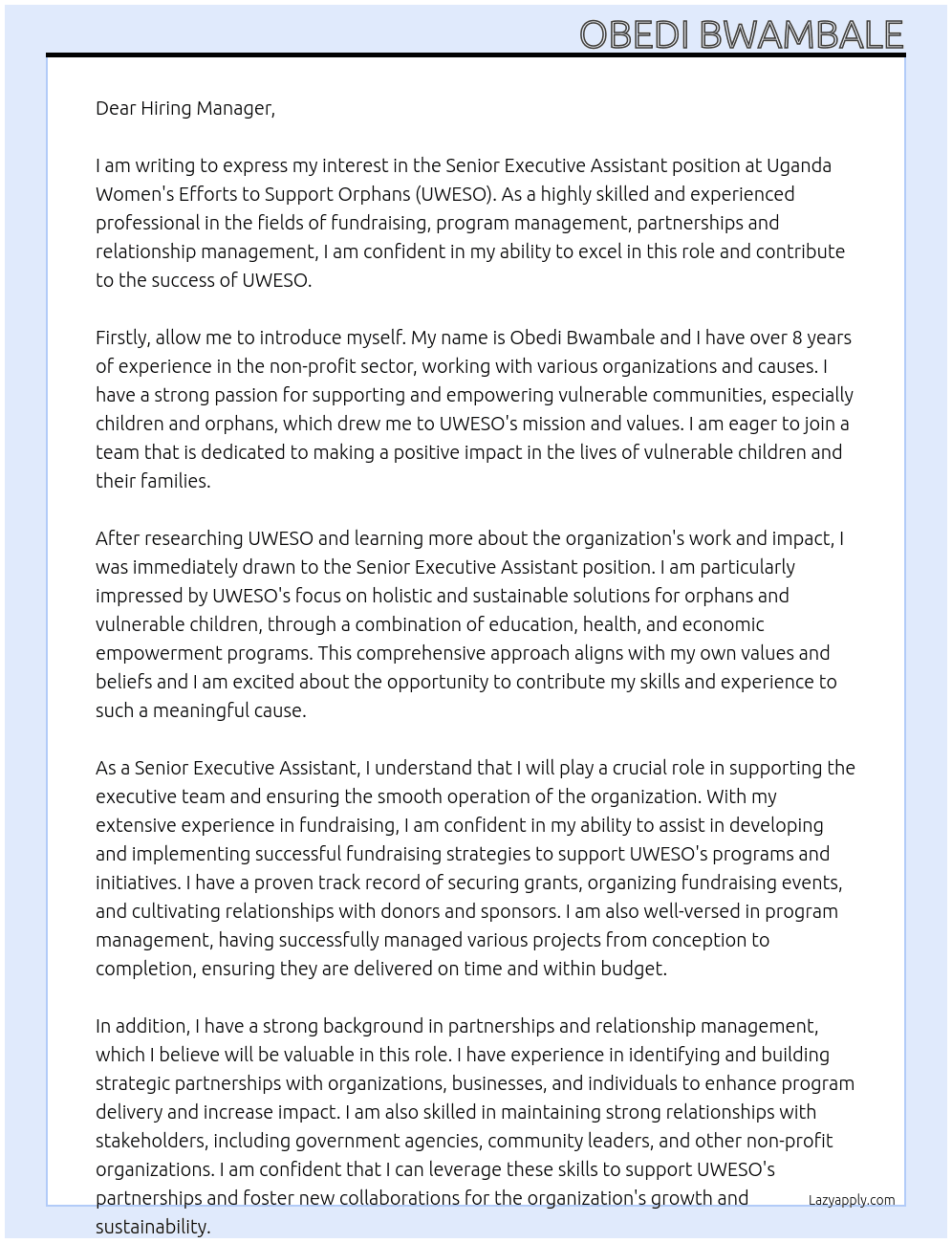 Senior Executive Assistant At Uganda Women's Efforts to support Orphans Cover Letter