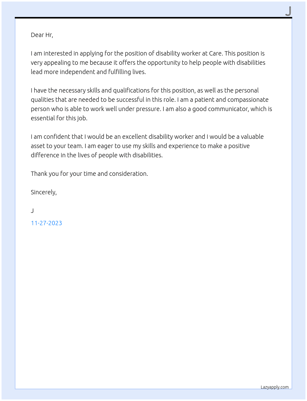 Disability worker At Care Cover Letter