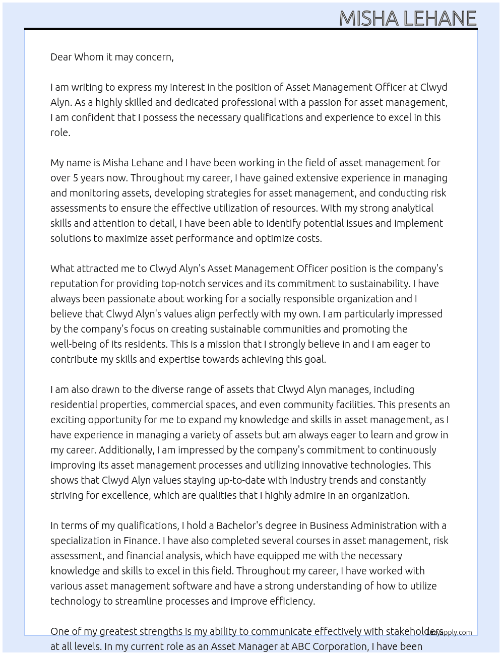 Asset Management Officer At Clwyd Alyn Cover Letter