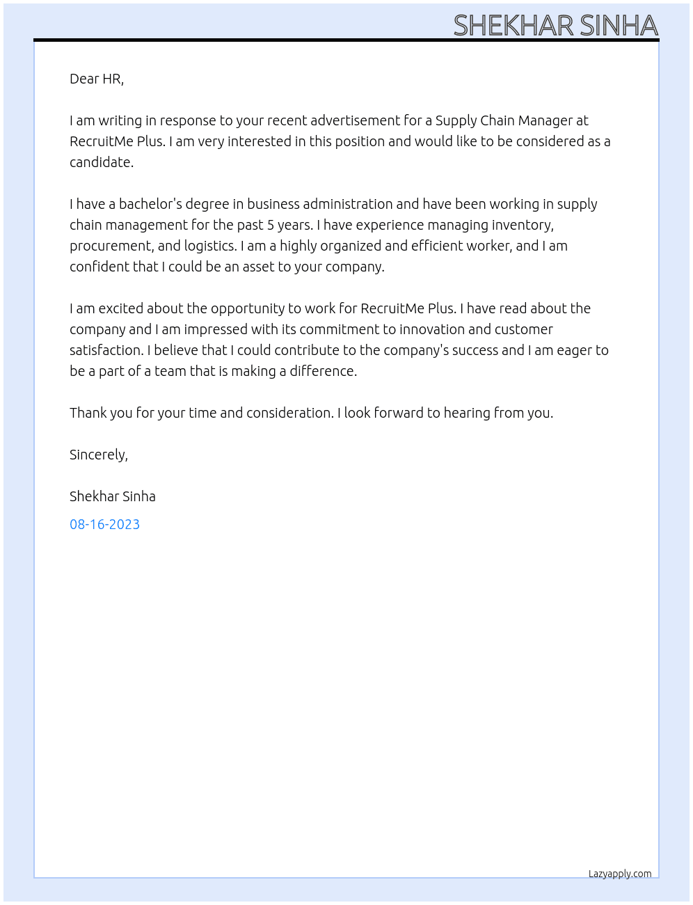 Supply Chain Manager At RecruitMe Plus Cover Letter