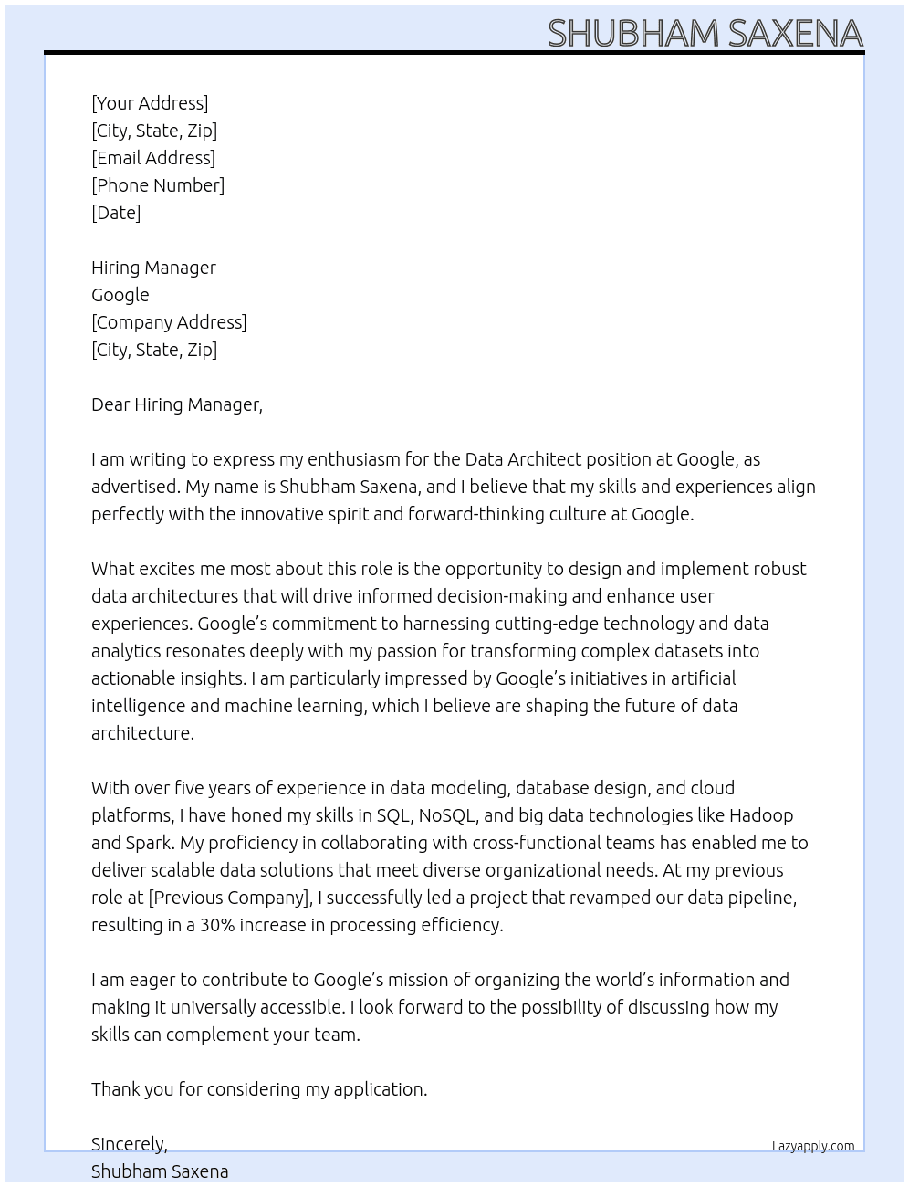 Cover letter for data architech - LazyApply