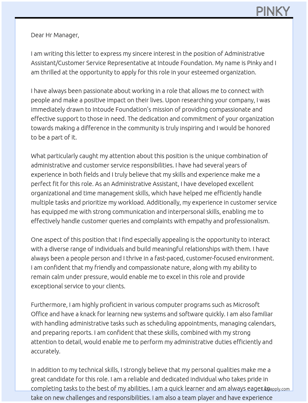 Administrative Assistant/Customer Service Representative At Intoude Foundation Cover Letter