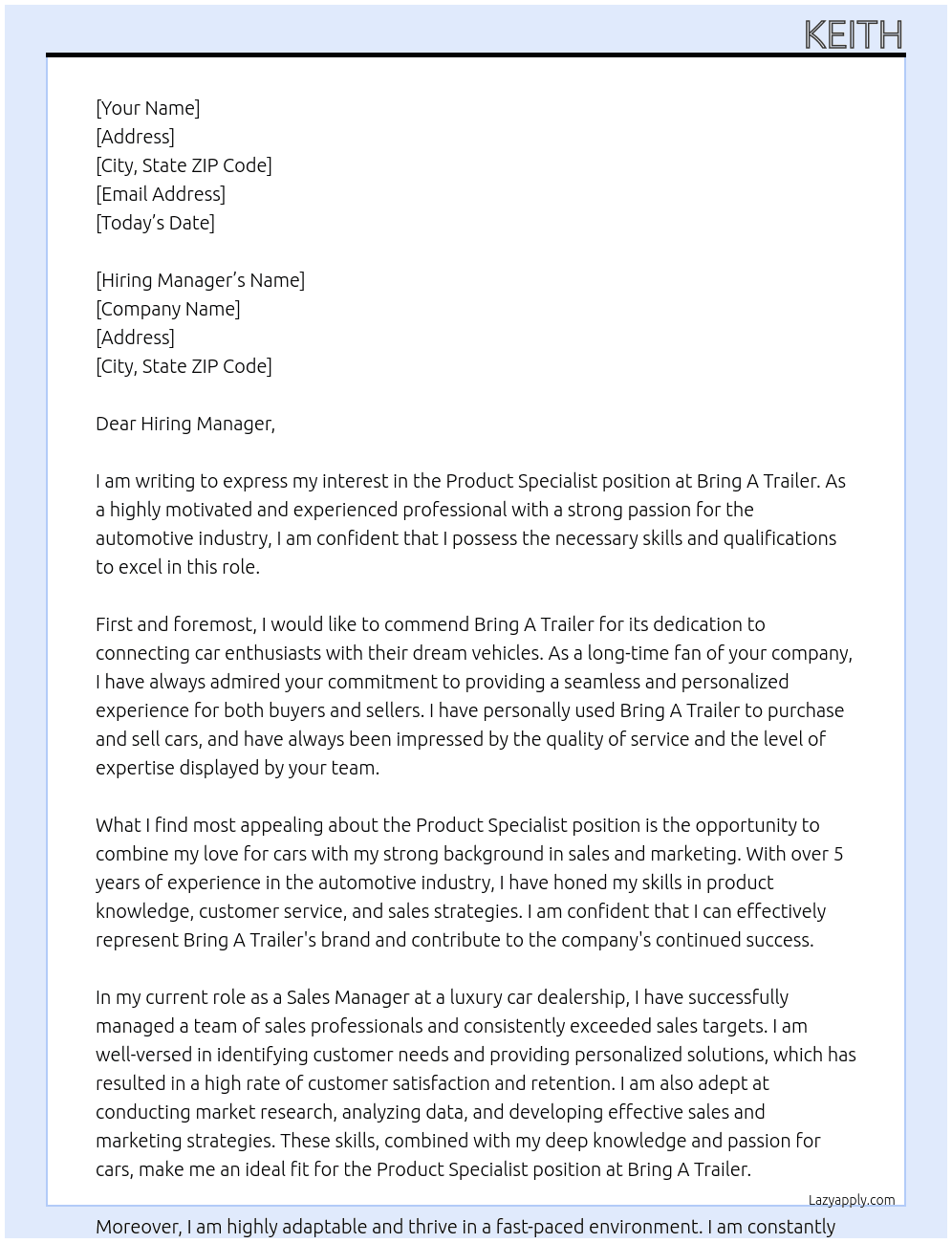 Product specialist At Bring A Trailer Cover Letter