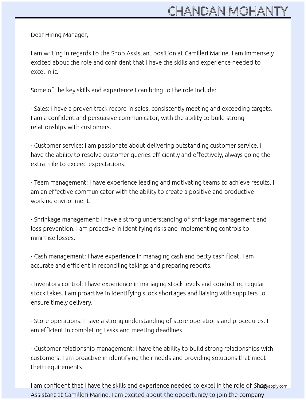 Shop Assistant  At Camilleri Marine Cover Letter
