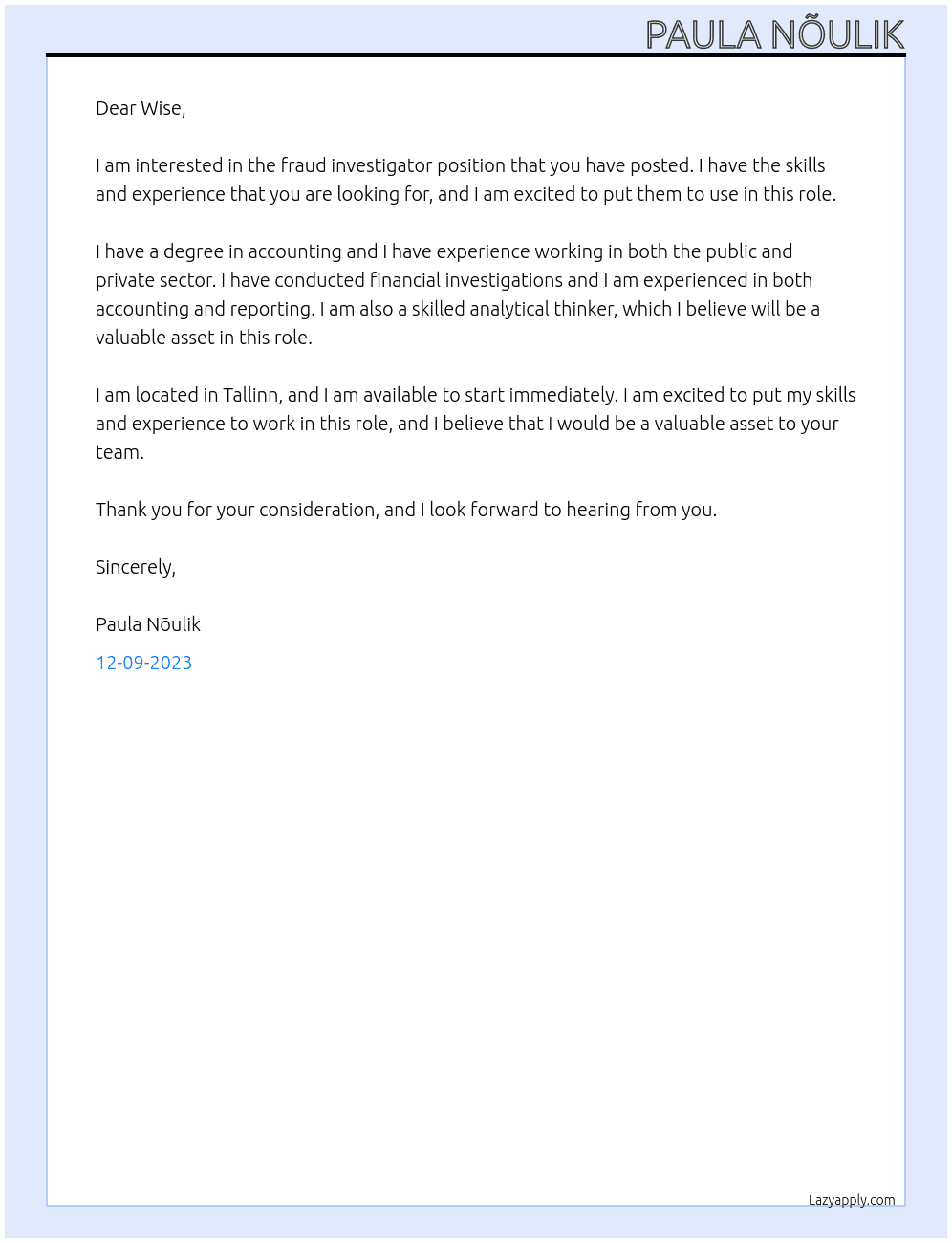 Fraud Investigator At Wise Cover Letter