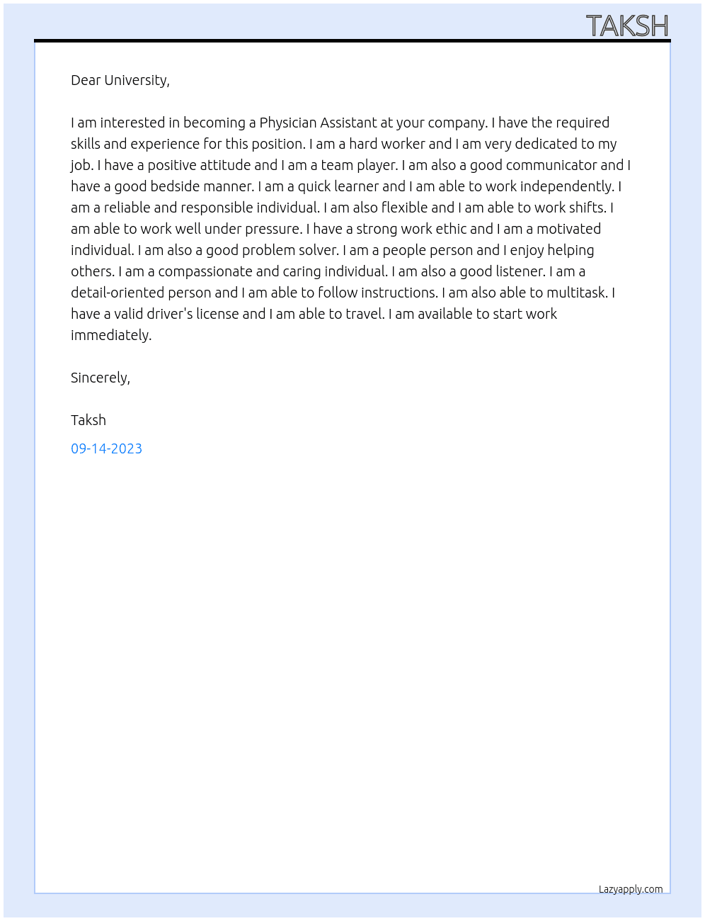 Cover letter for physician assistant - LazyApply