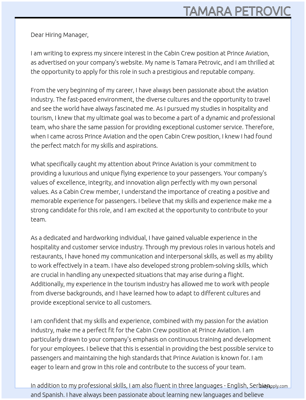 Cabin Crew At Prince Aviation Cover Letter