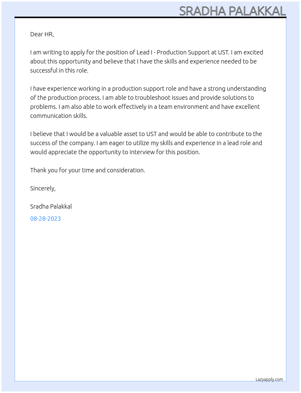  Lead I - Production Support At UST  Cover Letter