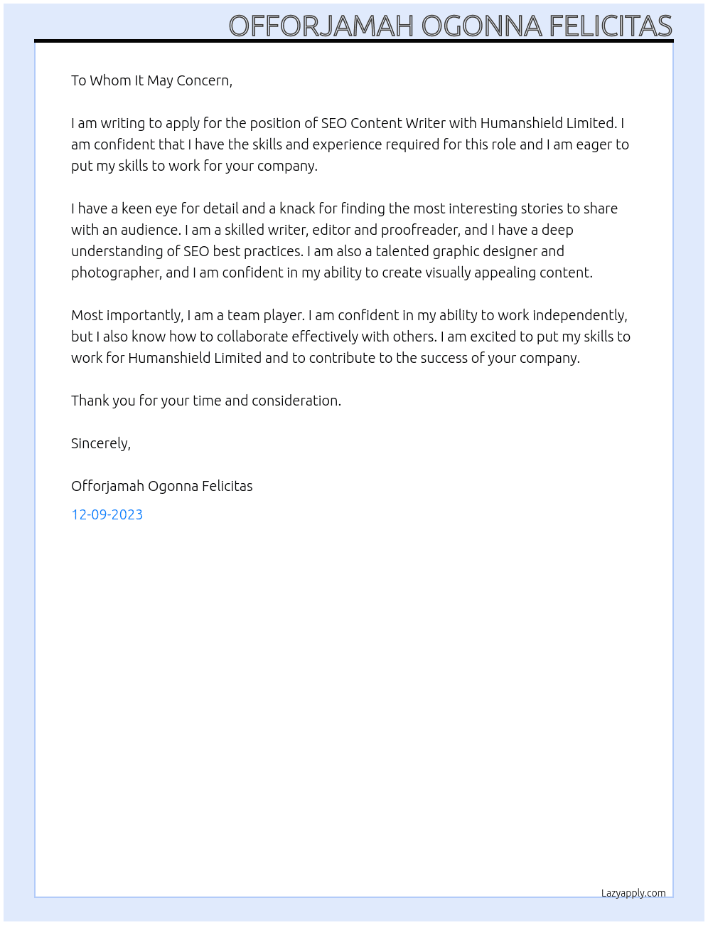 SEO Content Writer At Humanshield Limited Cover Letter