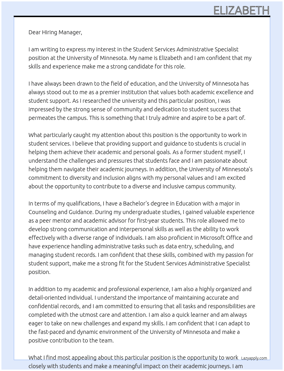 Student Services Administrative Specialist At University of Minnesota Cover Letter