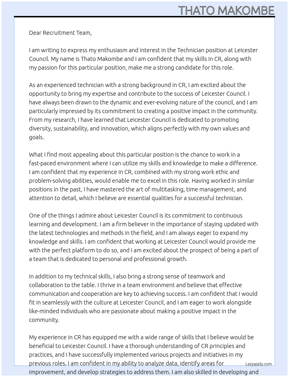 Technician  At Leicester council Cover Letter