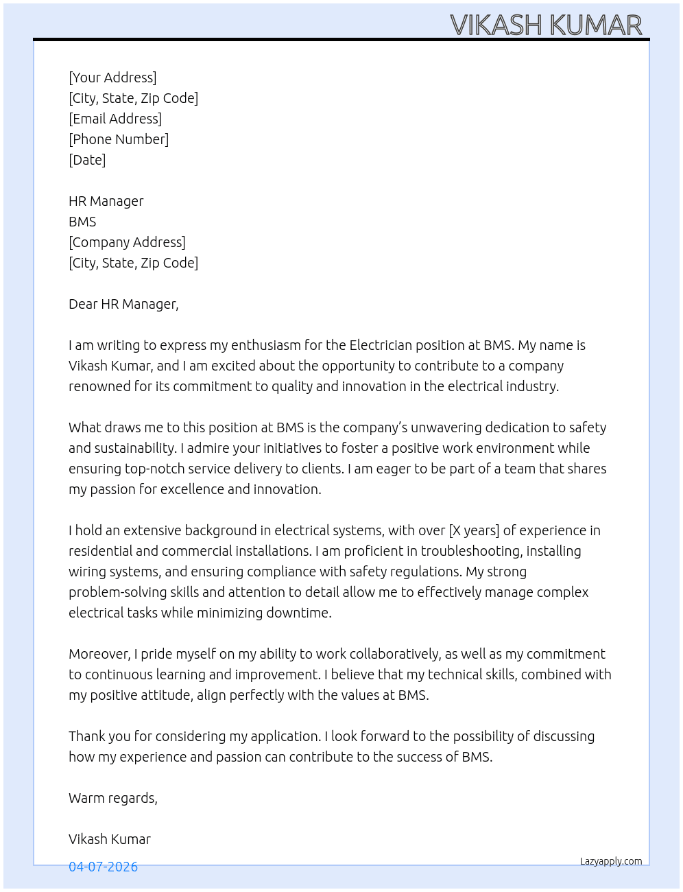 Electrician At BMS Cover Letter