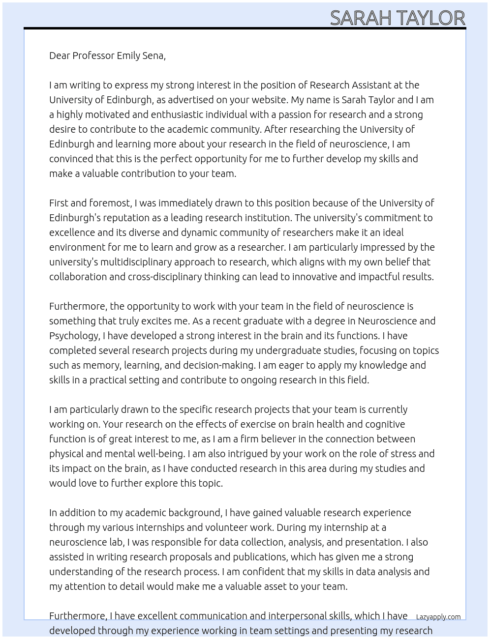 Research Assistant At University of Edinburgh Cover Letter