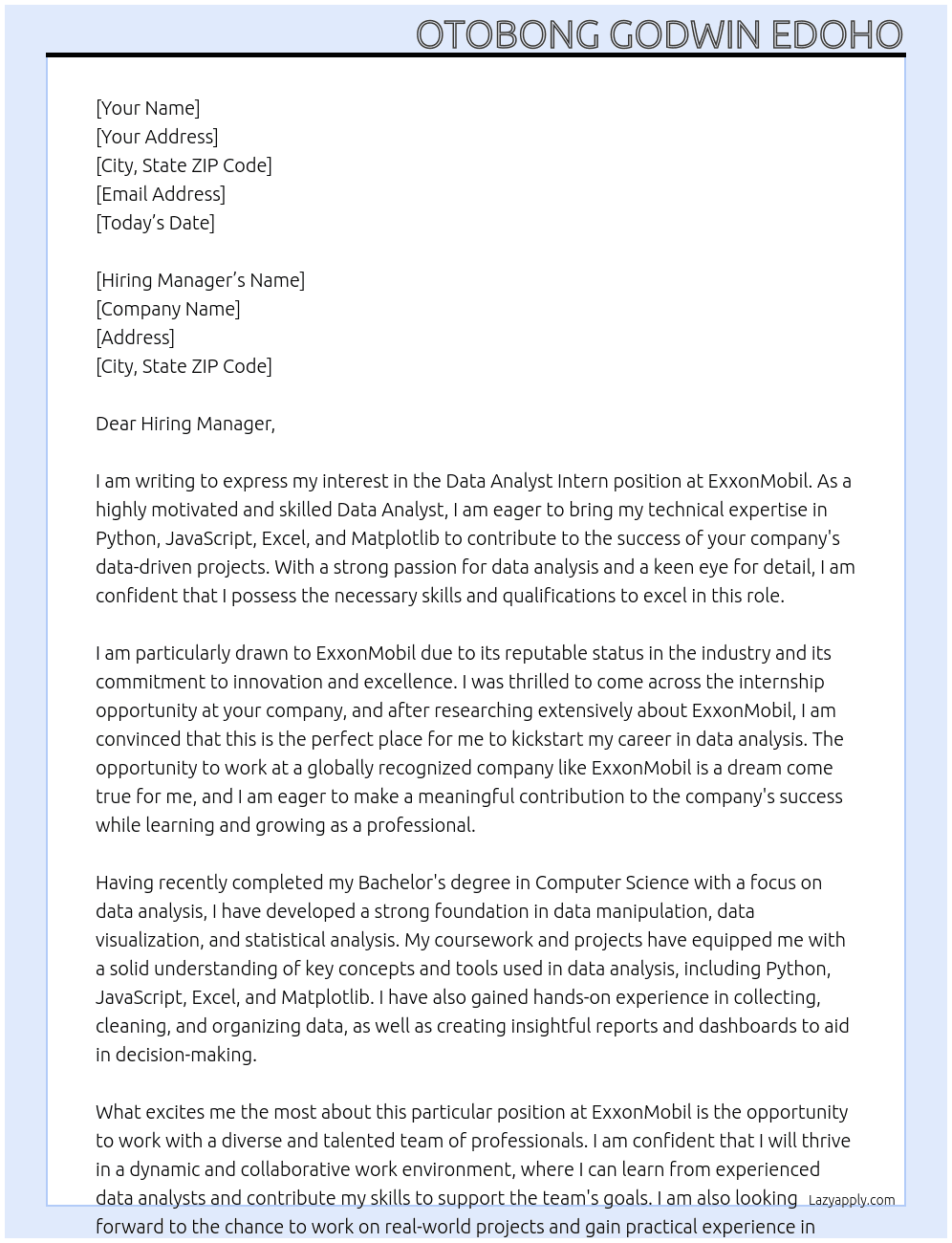 Data Analyst Intern At ExxonMobil Cover Letter