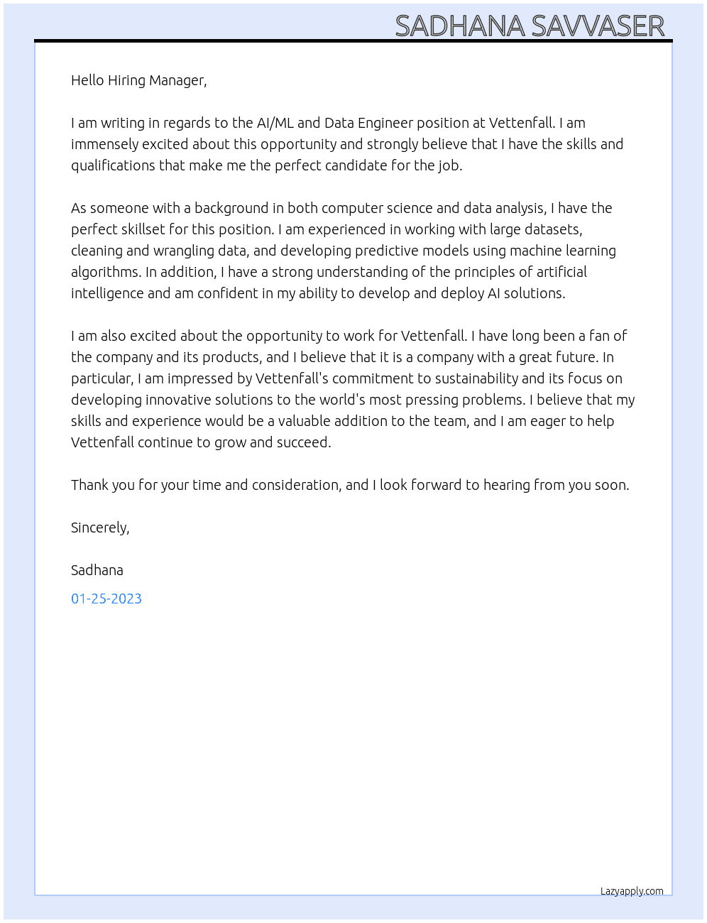 AI/ML and Data engineer  At Vettenfall Cover Letter