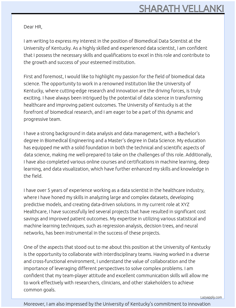 Biomedical Data Scientist At University of Kentucky Cover Letter