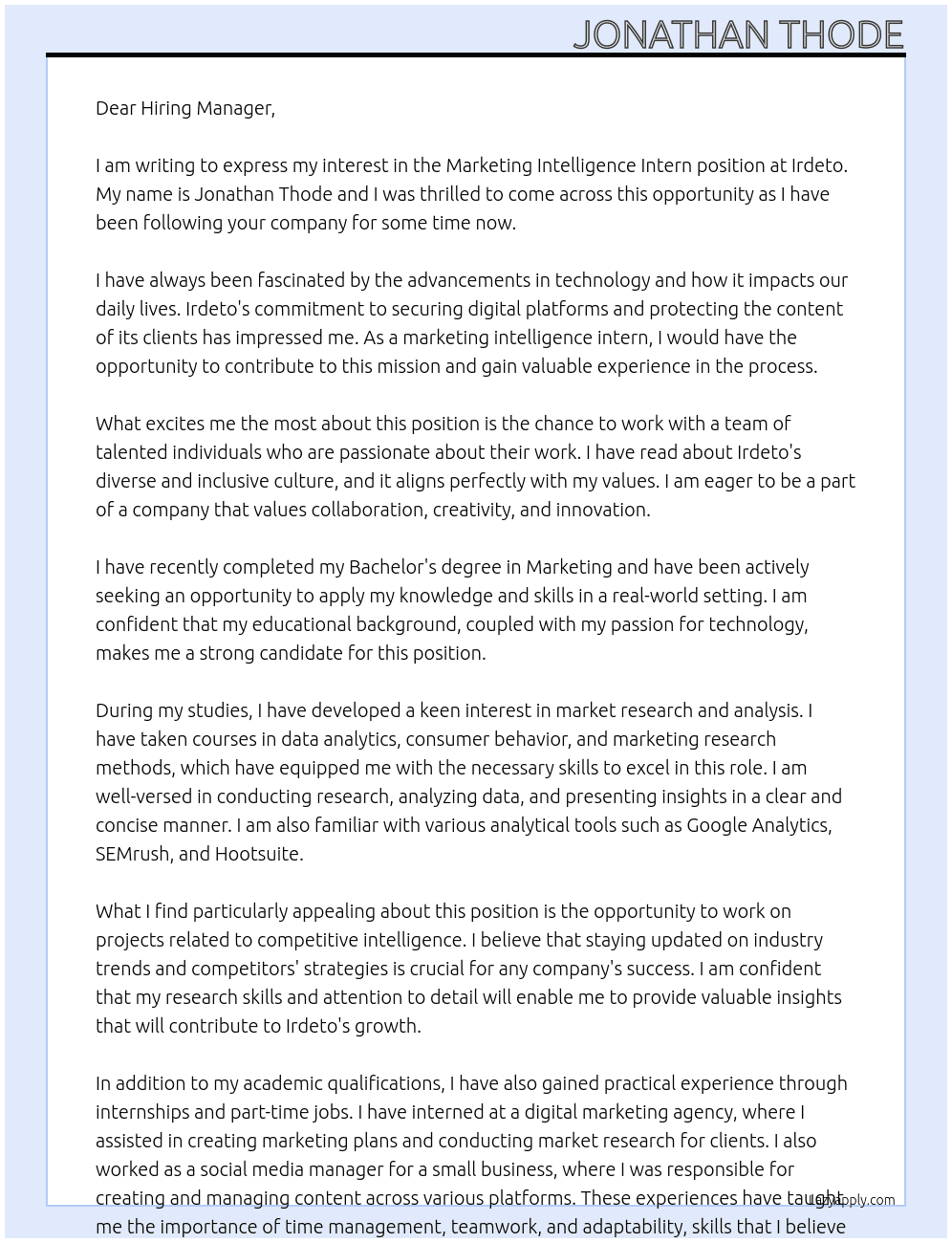 Marketing intelligence intern At irdeto Cover Letter